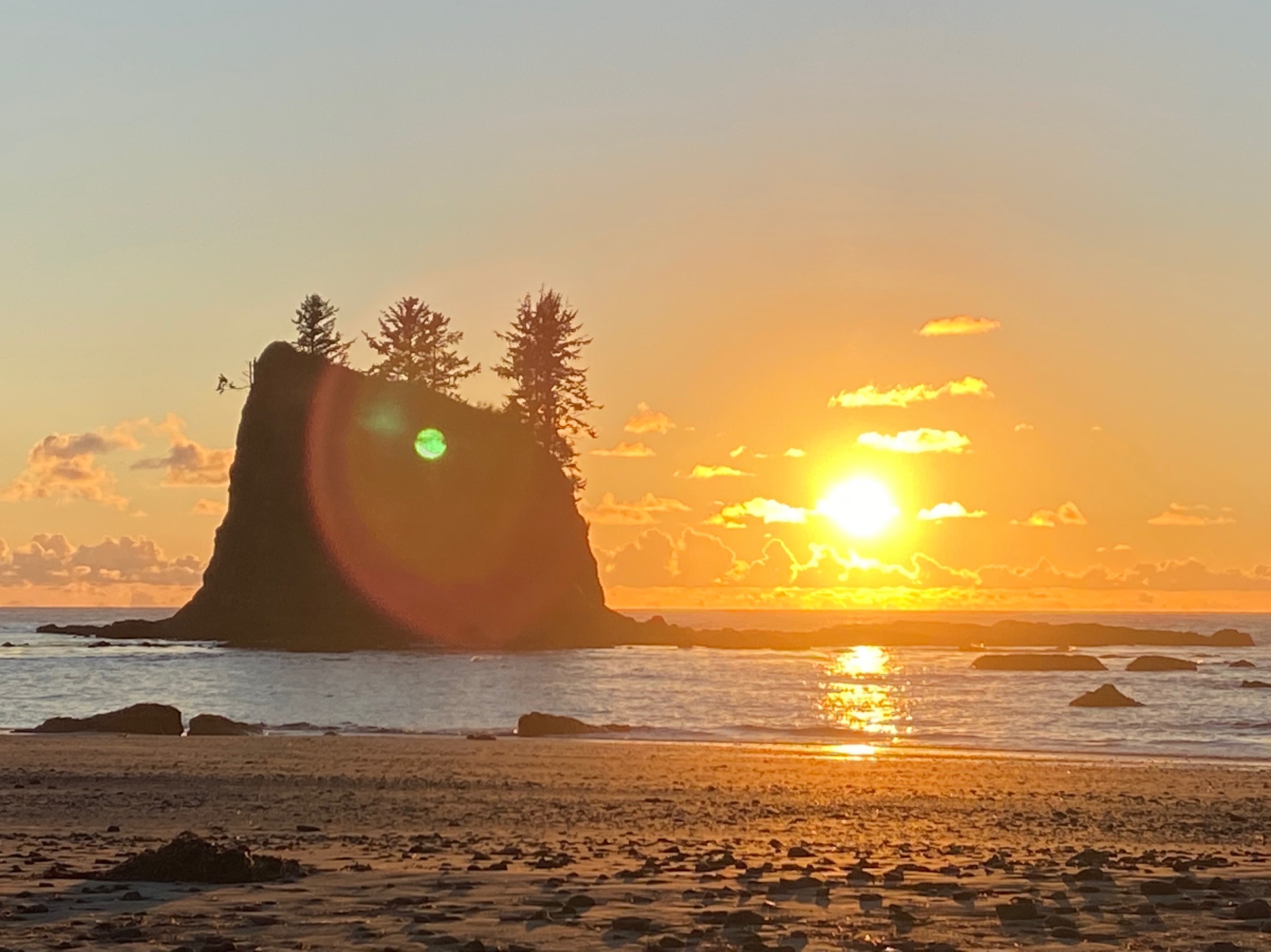 The sun sets over the Pacific by a sea stack at Scott’s Creek Campground.
