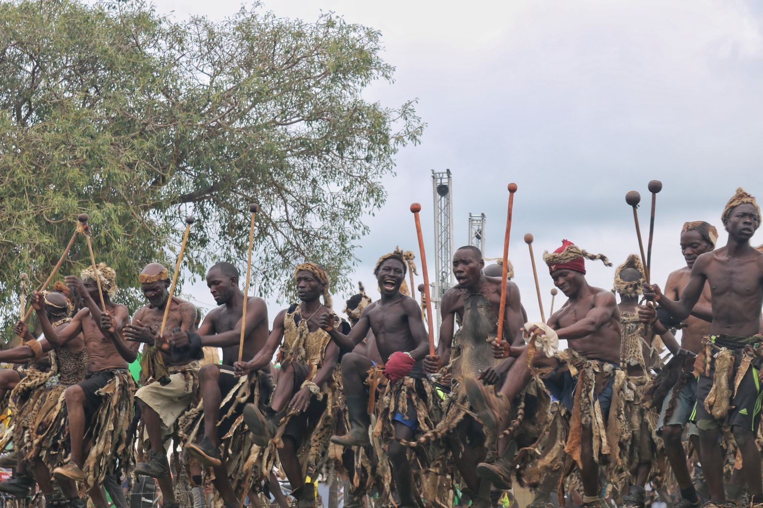 Participants wear a mixture of authentic and synthetic leopard, serval and other wildlife skins as they dance and celebrate the first harvest at the Ngoni Zambia Ncwala Festival 2025