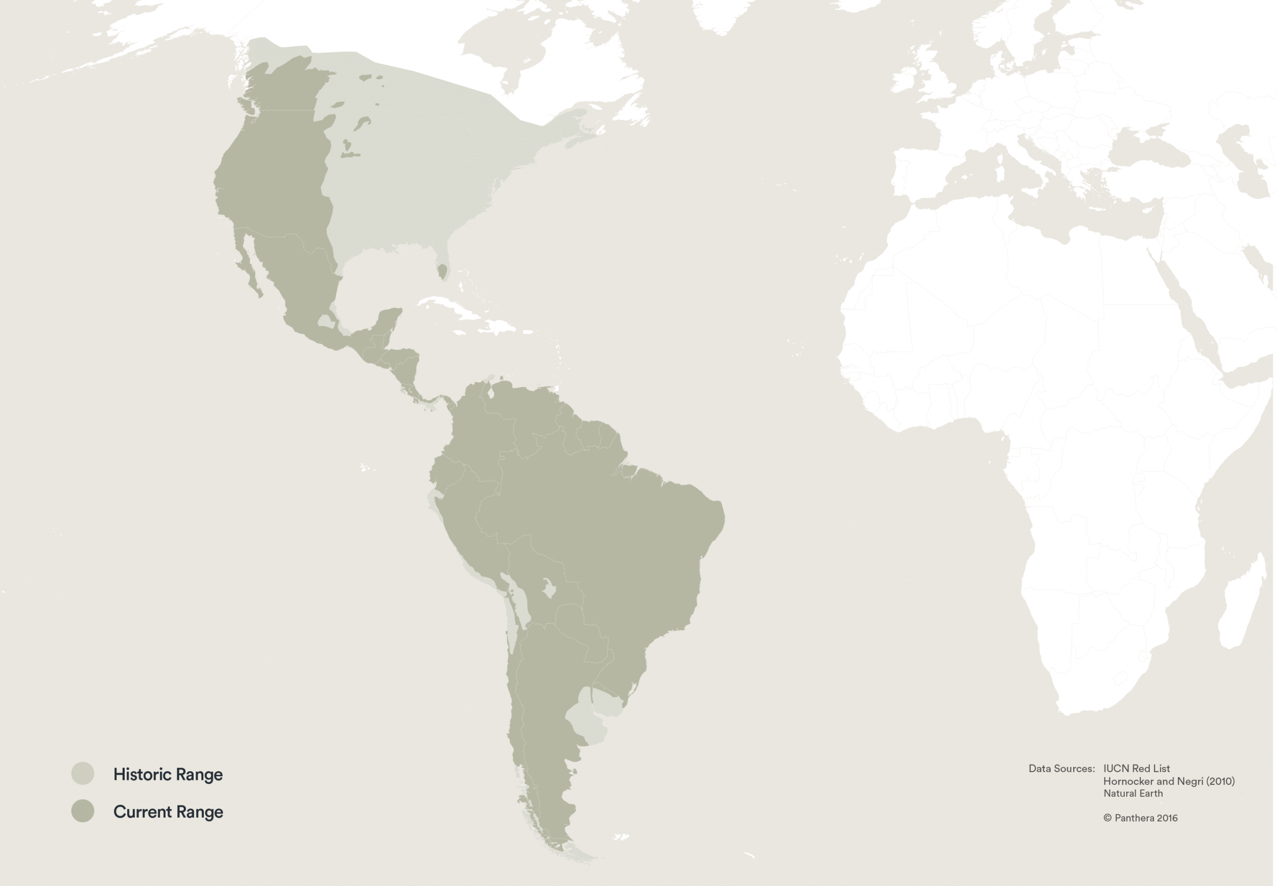 map showing the current and historic ranges of pumas