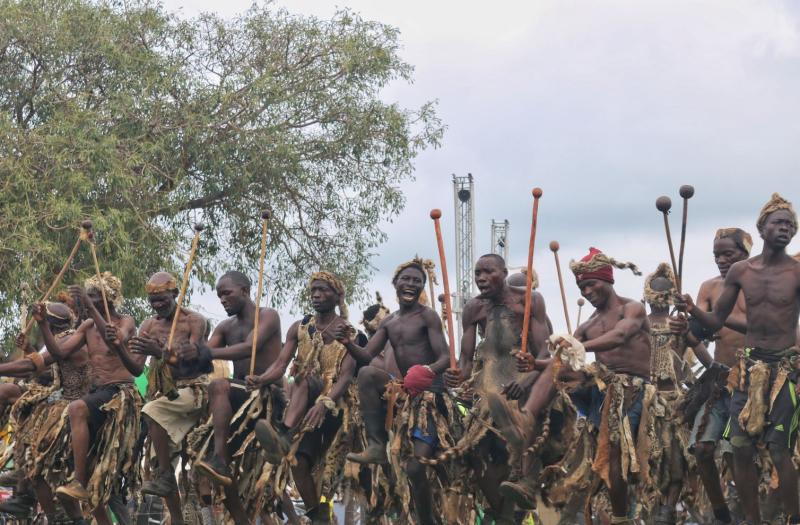 Participants wear a mixture of authentic and synthetic leopard, serval and other wildlife skins as they dance and celebrate the first harvest at the Ngoni Zambia Ncwala Festival 2025